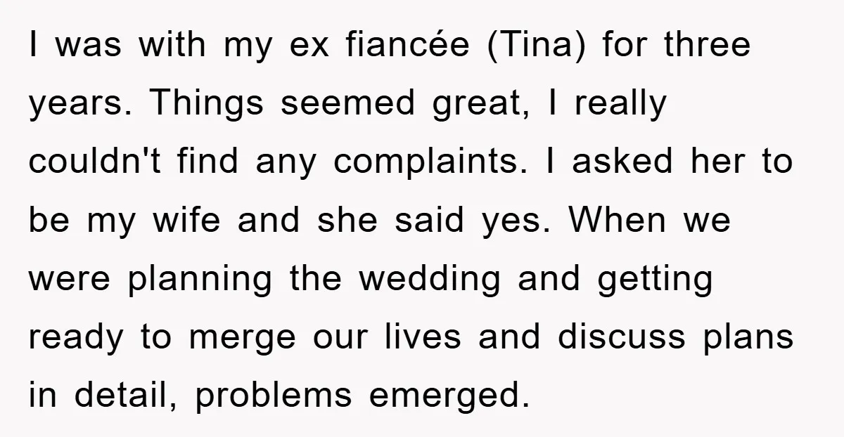 I was with my ex fiancée (Tina) for three years. Things seemed great, I really couldn't find any complaints. I asked her to be my wife and she said yes....
