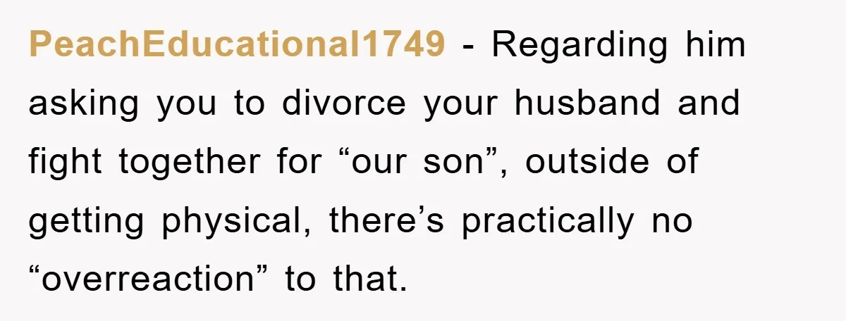 PeachEducational1749 − Regarding him asking you to divorce your husband and fight together for “our son”, outside of getting physical, there’s practically no “overreaction” to that.