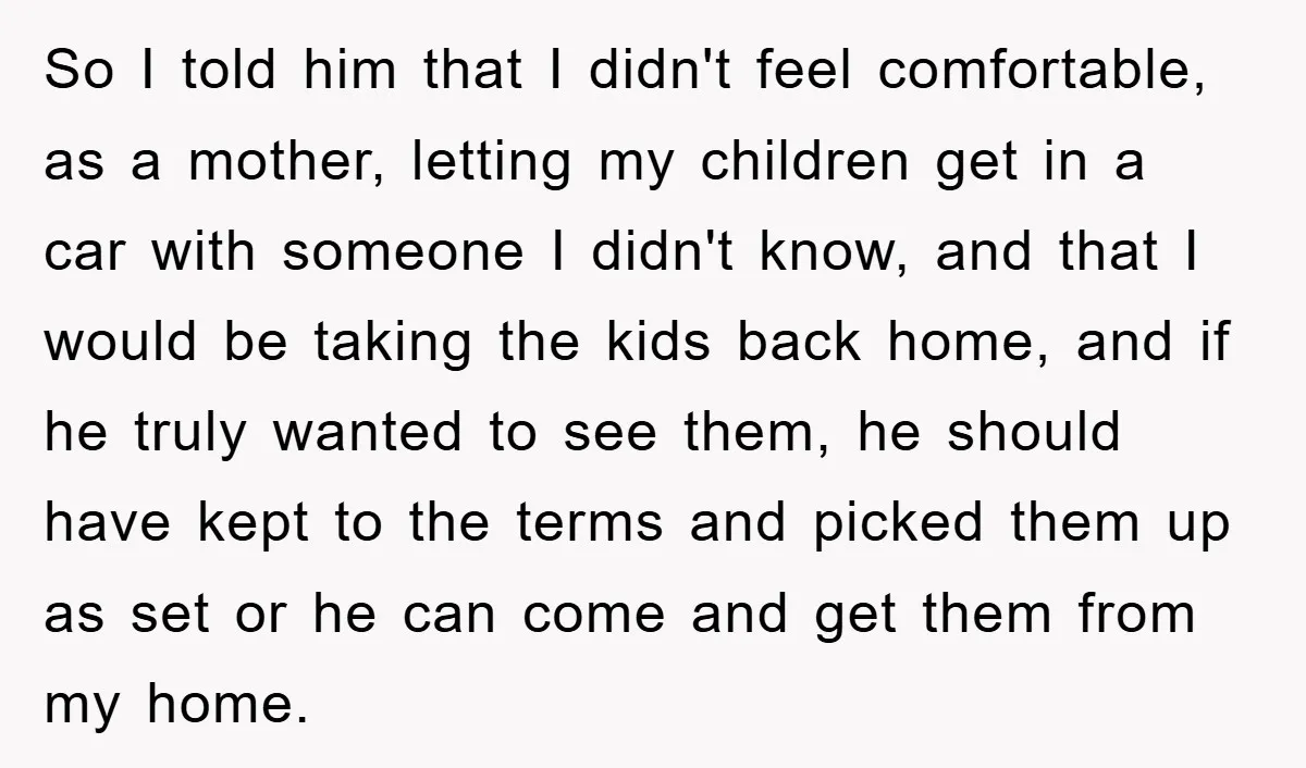 So I told him that I didn't feel comfortable, as a mother, letting my children get in a car with someone I didn't know, and that I would be taking...