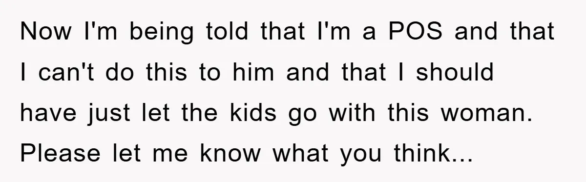 Now I'm being told that I'm a POS and that I can't do this to him and that I should have just let the kids go with this woman. Please...