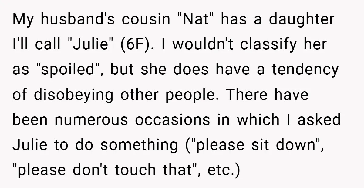 My husband's cousin "Nat" has a daughter I'll call "Julie" (6F). I wouldn't classify her as "spoiled", but she does have a tendency of disobeying other people. There have been...