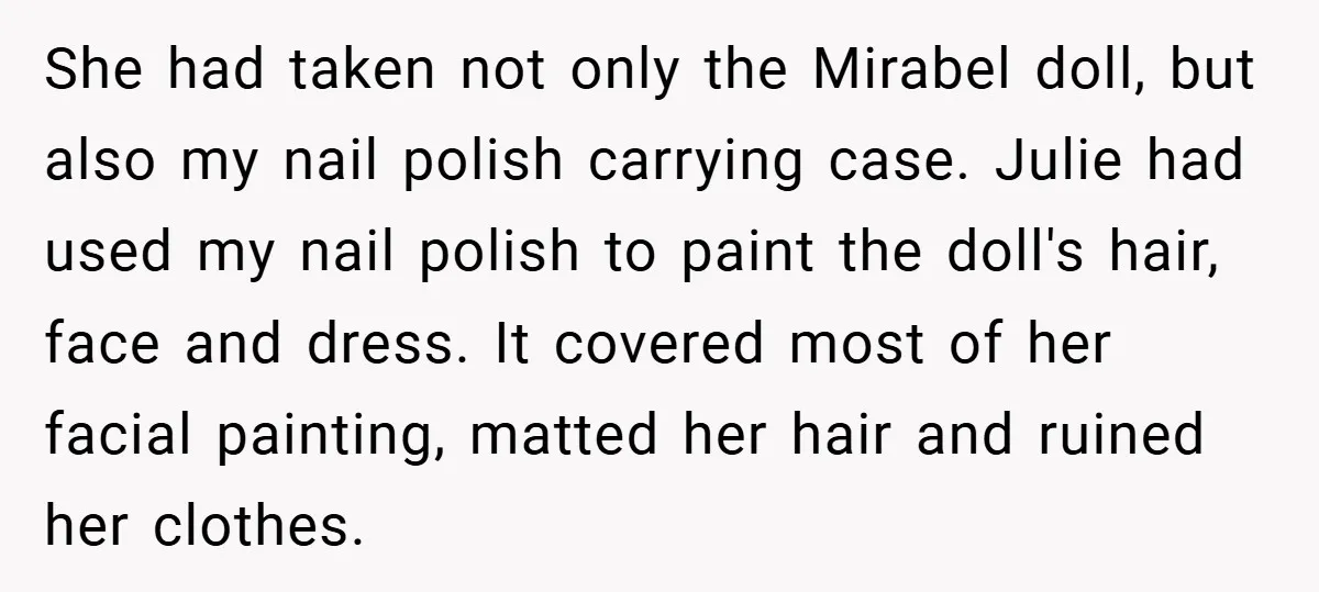 She had taken not only the Mirabel doll, but also my nail polish carrying case. Julie had used my nail polish to paint the doll's hair, face and dress. It...