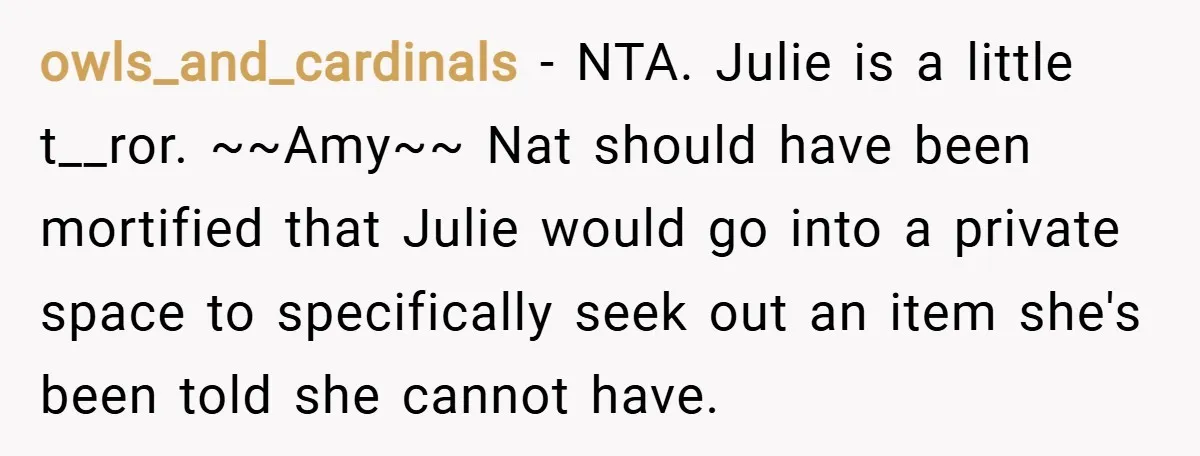 owls_and_cardinals − NTA. Julie is a little t__ror. ~~Amy~~ Nat should have been mortified that Julie would go into a private space to specifically seek out an item she's been...