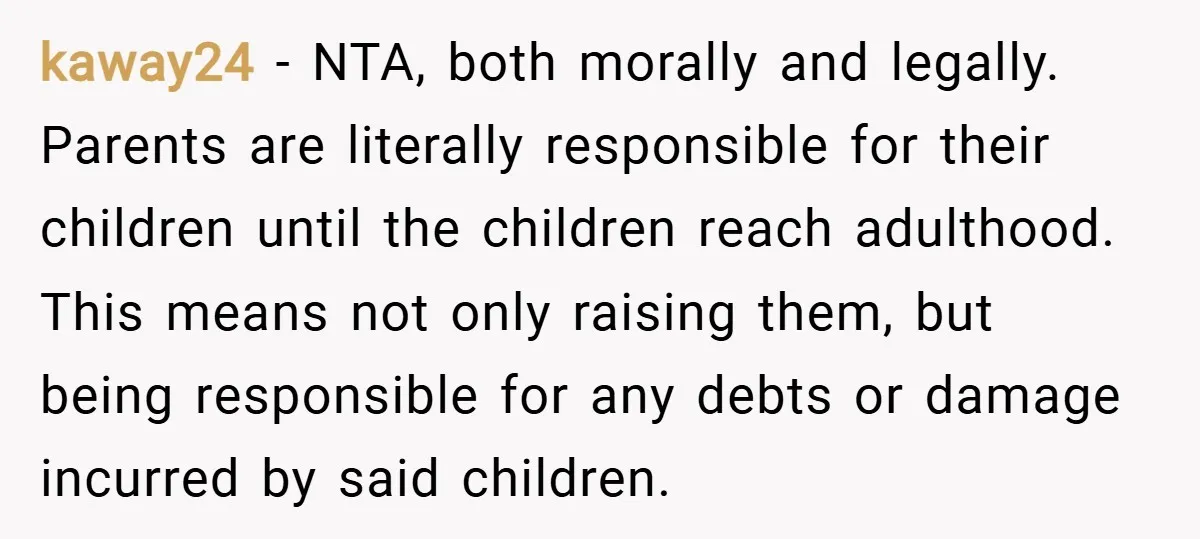 kaway24 − NTA, both morally and legally. Parents are literally responsible for their children until the children reach adulthood. This means not only raising them, but being responsible for any...