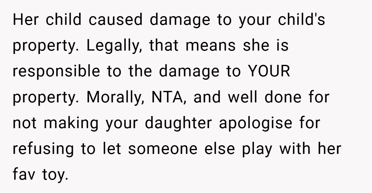 Her child caused damage to your child's property. Legally, that means she is responsible to the damage to YOUR property. Morally, NTA, and well done for not making your daughter...
