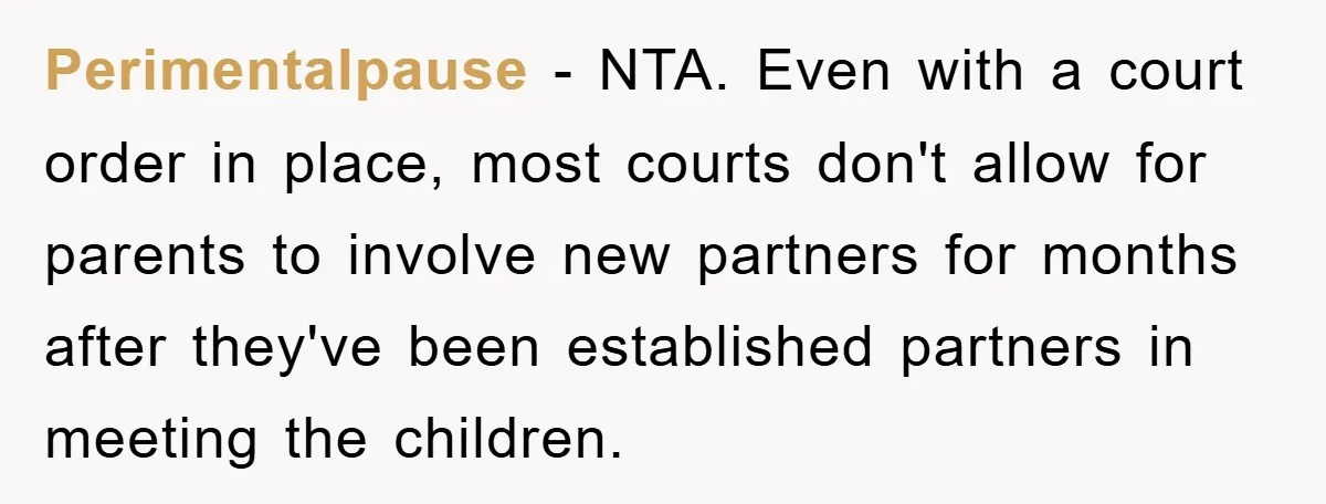 Perimentalpause − NTA. Even with a court order in place, most courts don't allow for parents to involve new partners for months after they've been established partners in meeting the...