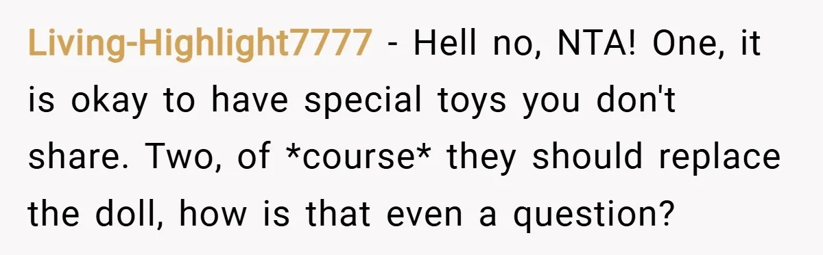 Living-Highlight7777 − Hell no, NTA! One, it is okay to have special toys you don't share. Two, of *course* they should replace the doll, how is that even a question?