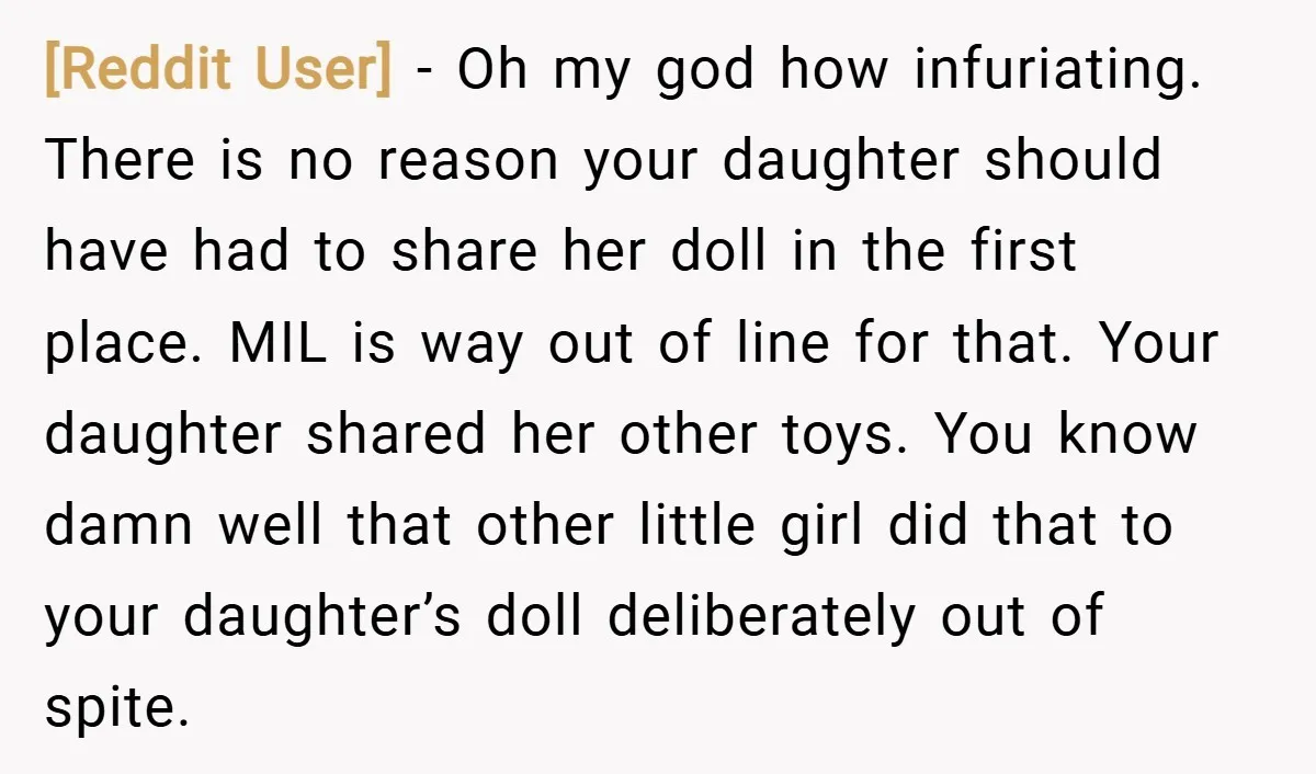 [Reddit User] − Oh my god how infuriating. There is no reason your daughter should have had to share her doll in the first place. MIL is way out of...