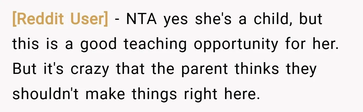 [Reddit User] − NTA yes she's a child, but this is a good teaching opportunity for her. But it's crazy that the parent thinks they shouldn't make things right here.