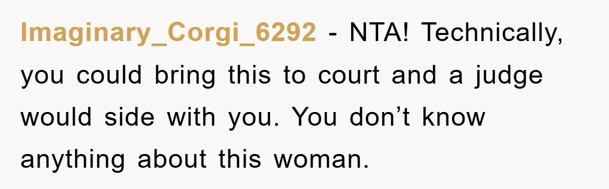 Imaginary_Corgi_6292 − NTA! Technically, you could bring this to court and a judge would side with you. You don’t know anything about this woman.