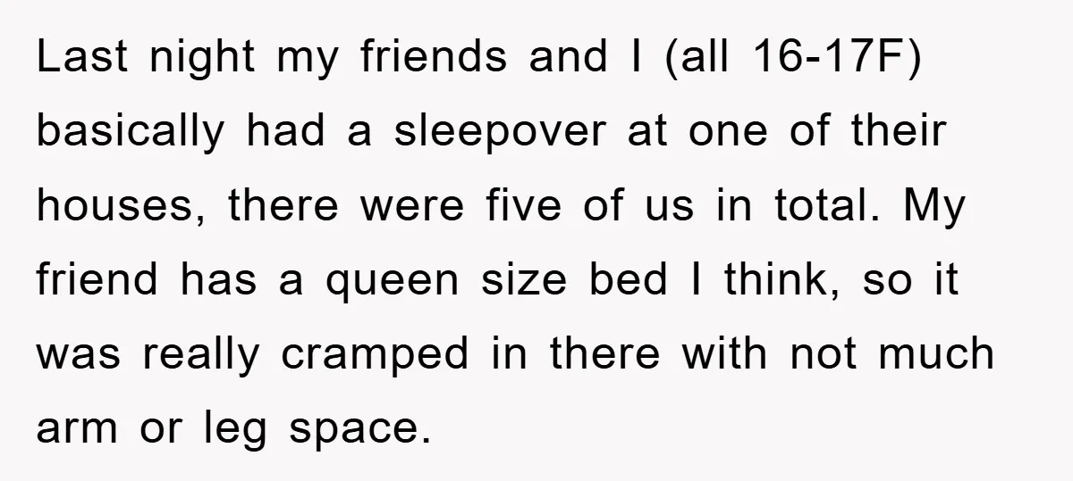 Last night my friends and I (all 16-17F) basically had a sleepover at one of their houses, there were five of us in total. My friend has a queen size...