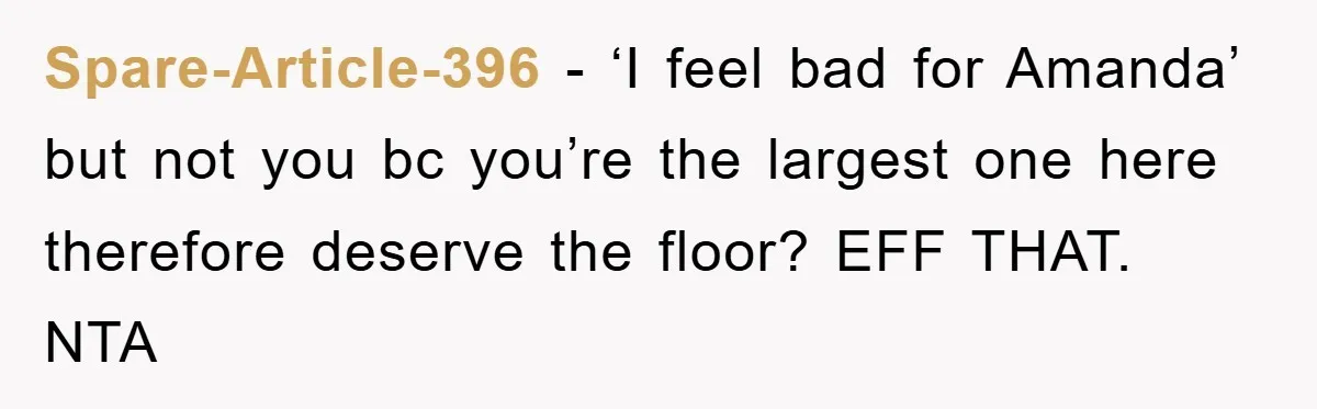 Spare-Article-396 − ‘I feel bad for Amanda’ but not you bc you’re the largest one here therefore deserve the floor? EFF THAT. NTA