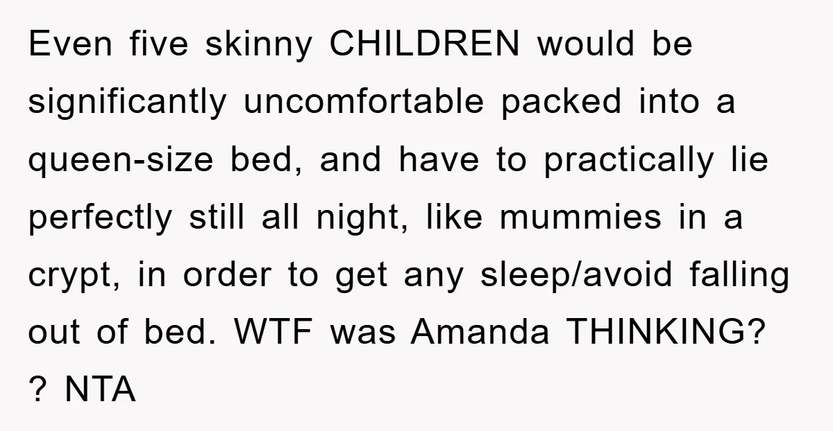 Even five skinny CHILDREN would be significantly uncomfortable packed into a queen-size bed, and have to practically lie perfectly still all night, like mummies in a crypt, in order to...