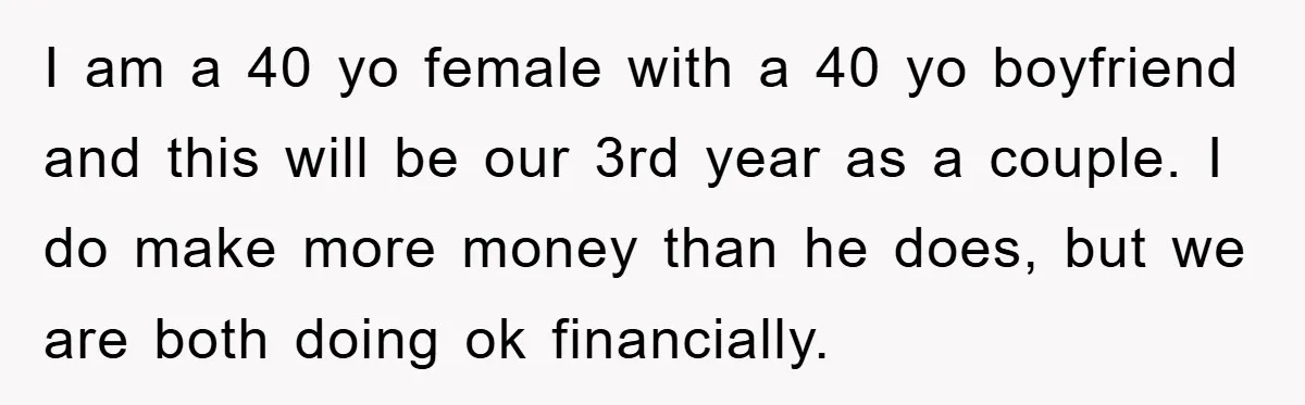 I am a 40 yo female with a 40 yo boyfriend and this will be our 3rd year as a couple. I do make more money than he does, but...