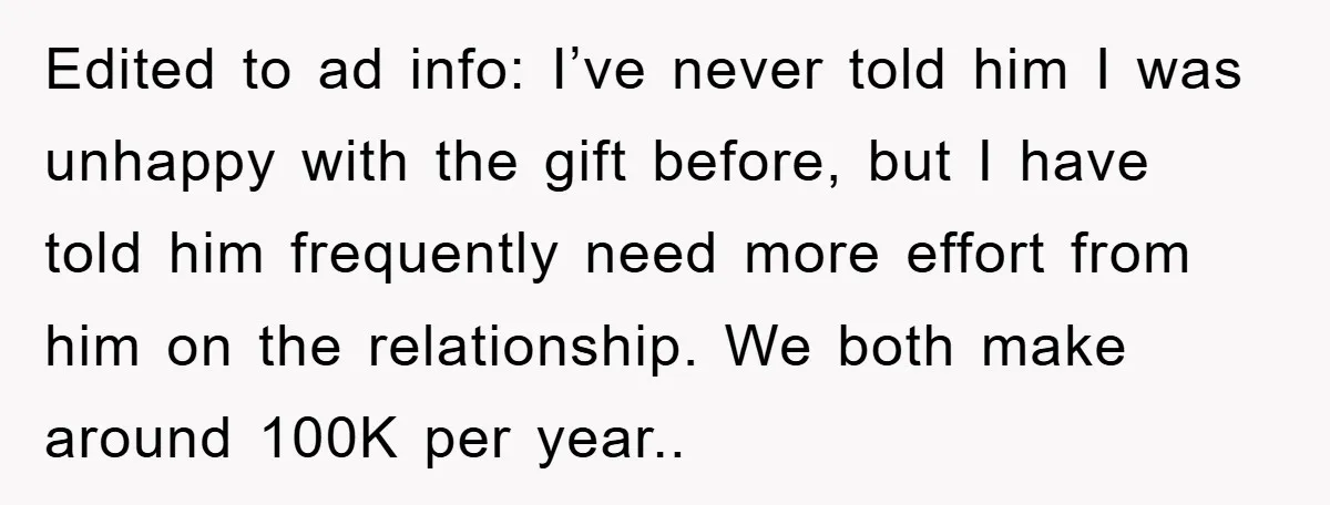 Edited to ad info: I’ve never told him I was unhappy with the gift before, but I have told him frequently need more effort from him on the relationship. We...