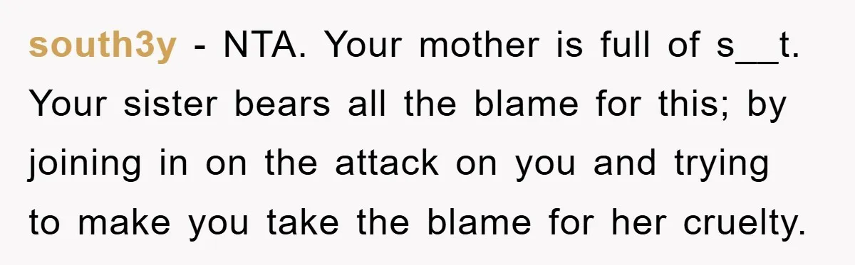 south3y − NTA. Your mother is full of s__t. Your sister bears all the blame for this; by joining in on the attack on you and trying to make you...