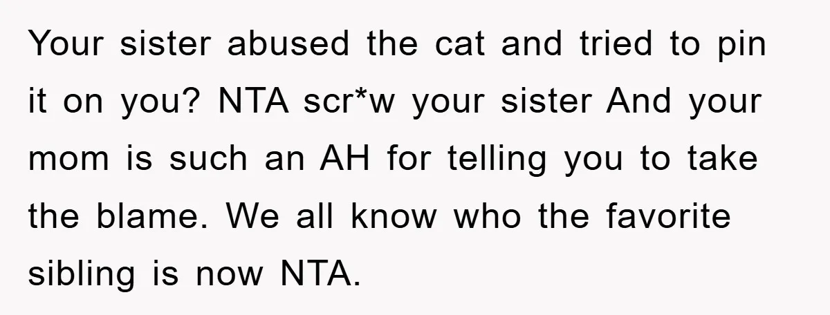 Your sister abused the cat and tried to pin it on you? NTA scr*w your sister And your mom is such an AH for telling you to take the blame....