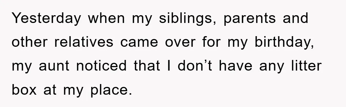 Yesterday when my siblings, parents and other relatives came over for my birthday, my aunt noticed that I don’t have any litter box at my place.