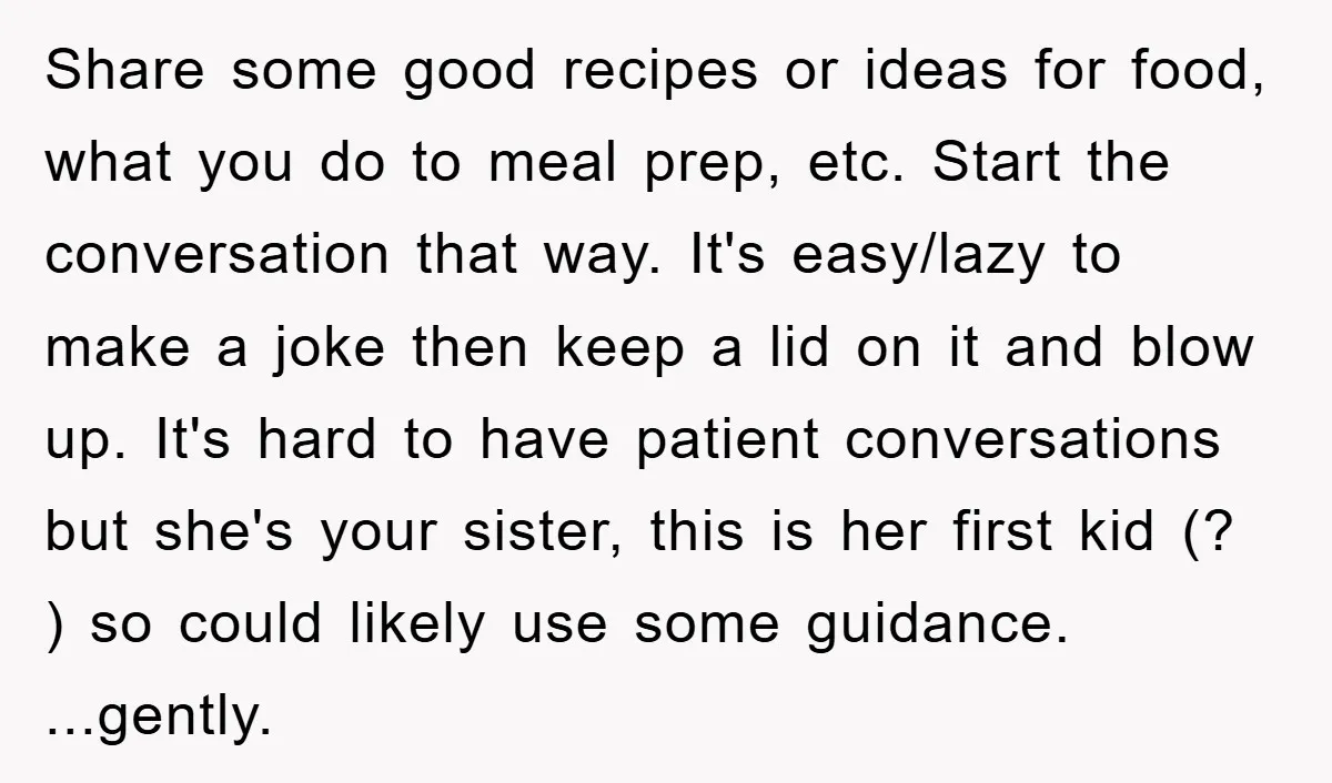 Share some good recipes or ideas for food, what you do to meal prep, etc. Start the conversation that way. It's easy/lazy to make a joke then keep a lid...