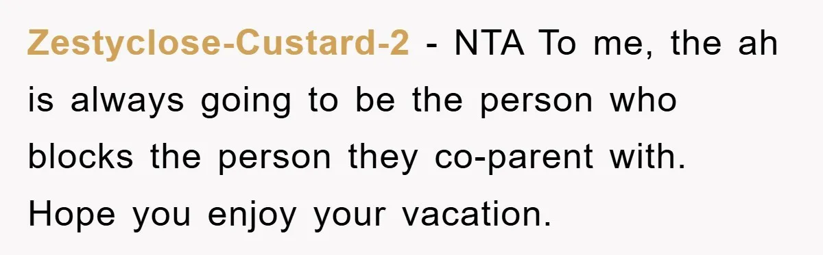Zestyclose-Custard-2 − NTA To me, the ah is always going to be the person who blocks the person they co-parent with. Hope you enjoy your vacation.