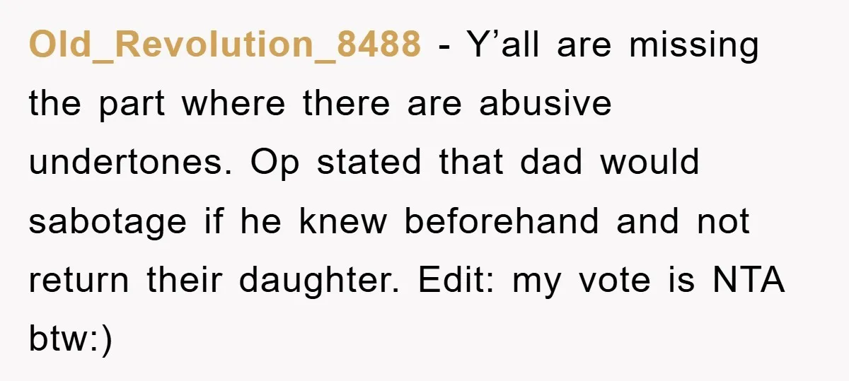 Old_Revolution_8488 − Y’all are missing the part where there are abusive undertones. Op stated that dad would sabotage if he knew beforehand and not return their daughter. Edit: my vote...