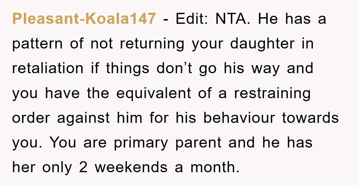 Pleasant-Koala147 − Edit: NTA. He has a pattern of not returning your daughter in retaliation if things don’t go his way and you have the equivalent of a restraining order...