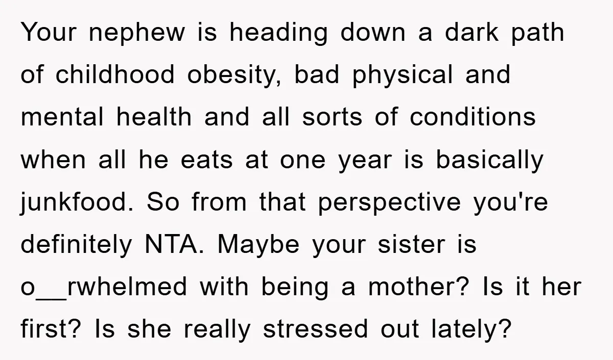 Your nephew is heading down a dark path of childhood obesity, bad physical and mental health and all sorts of conditions when all he eats at one year is basically...