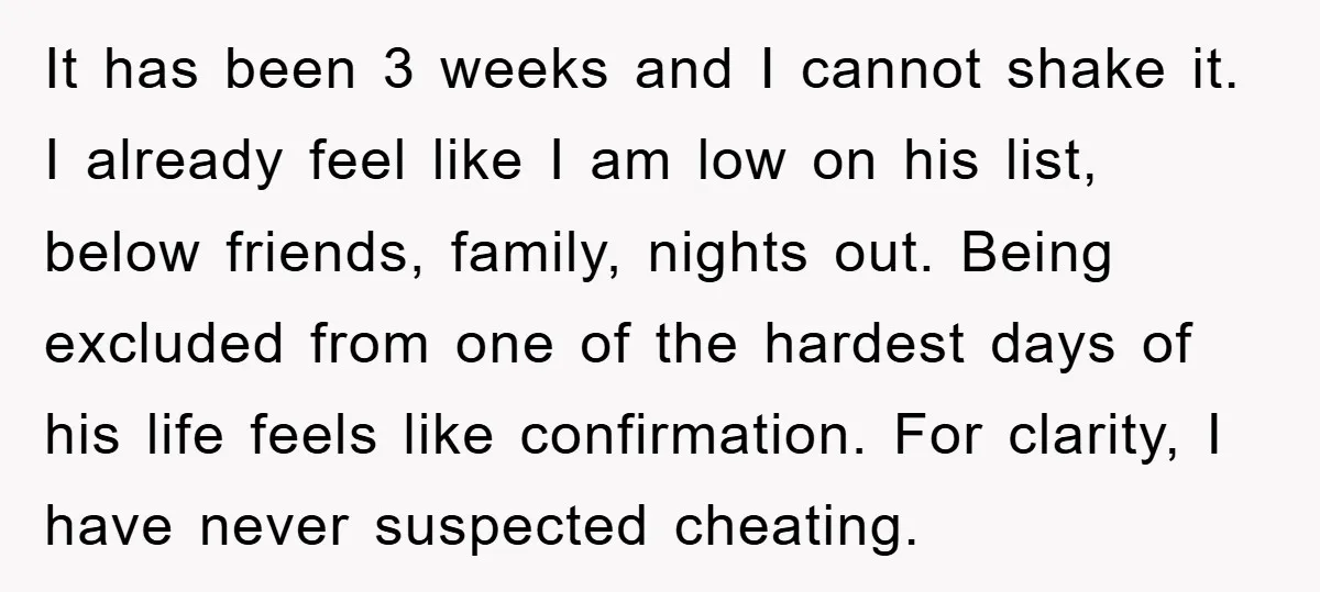 It has been 3 weeks and I cannot shake it. I already feel like I am low on his list, below friends, family, nights out. Being excluded from one of...