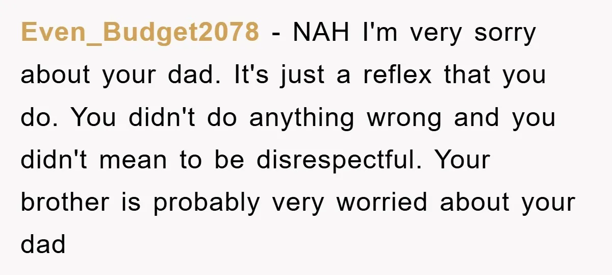 Even_Budget2078 − NAH I'm very sorry about your dad. It's just a reflex that you do. You didn't do anything wrong and you didn't mean to be disrespectful. Your brother...