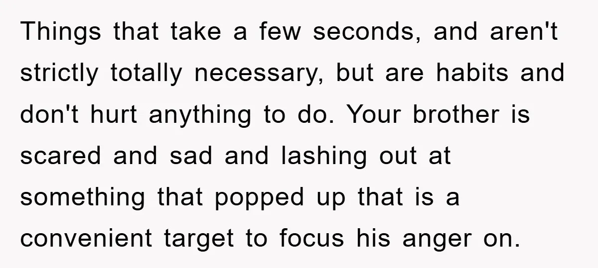 Things that take a few seconds, and aren't strictly totally necessary, but are habits and don't hurt anything to do. Your brother is scared and sad and lashing out at...