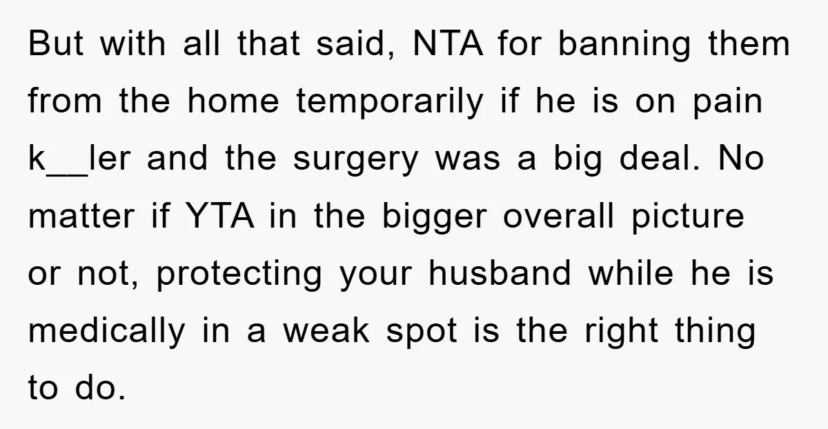But with all that said, NTA for banning them from the home temporarily if he is on pain k__ler and the surgery was a big deal. No matter if YTA...