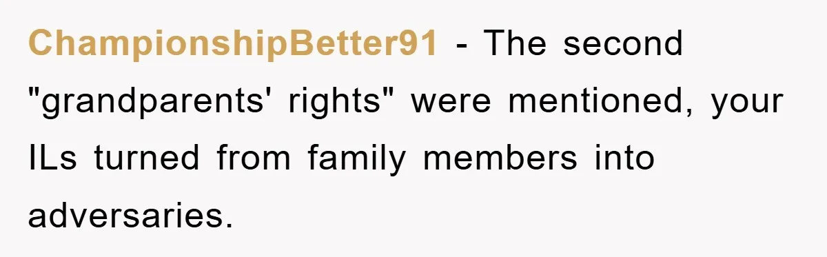 ChampionshipBetter91 − The second "grandparents' rights" were mentioned, your ILs turned from family members into adversaries.