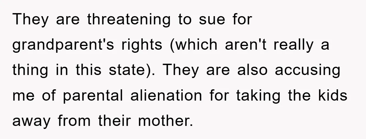 They are threatening to sue for grandparent's rights (which aren't really a thing in this state). They are also accusing me of parental alienation for taking the kids away from...