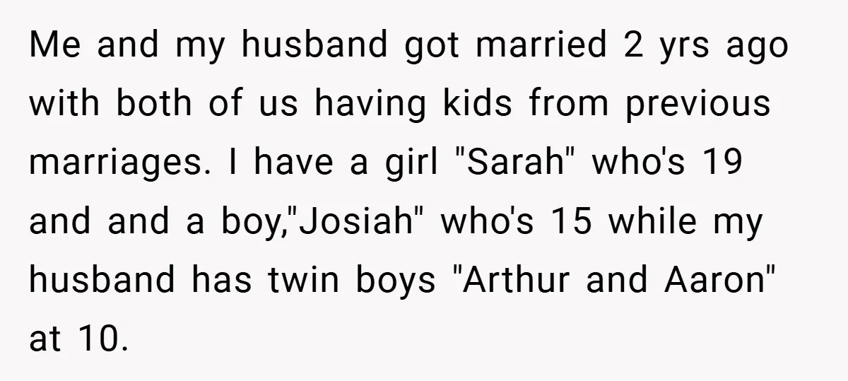 Me and my husband got married 2 yrs ago with both of us having kids from previous marriages. I have a girl "Sarah" who's 19 and and a boy,"Josiah" who's...