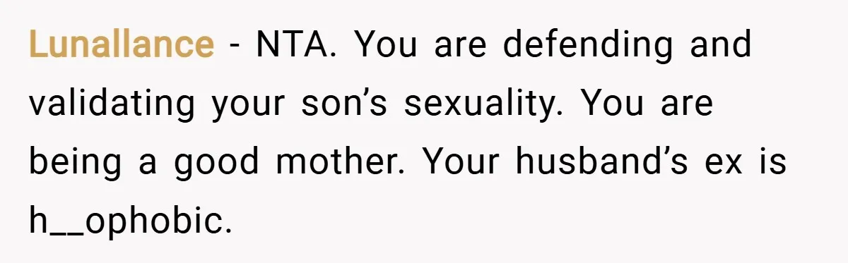 Lunallance − NTA. You are defending and validating your son’s sexuality. You are being a good mother. Your husband’s ex is h__ophobic.