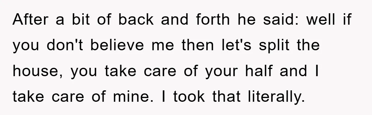 After a bit of back and forth he said: well if you don't believe me then let's split the house, you take care of your half and I take care...