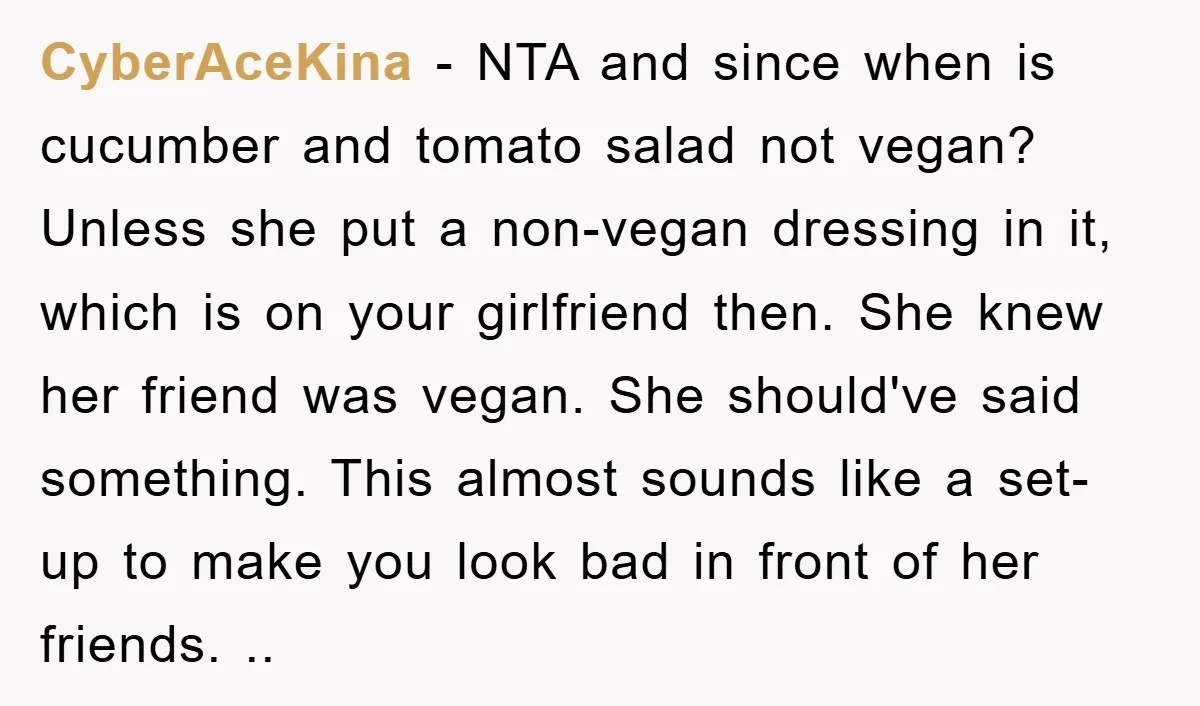 CyberAceKina − NTA and since when is cucumber and tomato salad not vegan? Unless she put a non-vegan dressing in it, which is on your girlfriend then. She knew her...