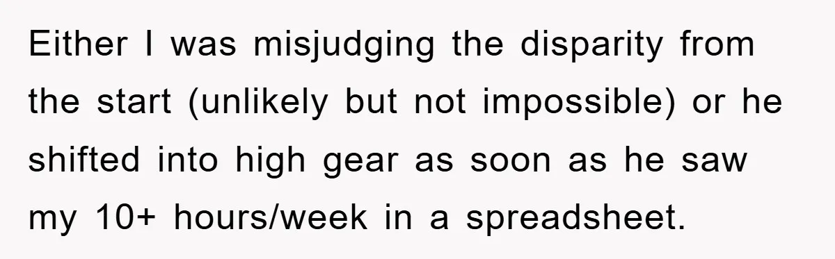 Either I was misjudging the disparity from the start (unlikely but not impossible) or he shifted into high gear as soon as he saw my 10+ hours/week in a spreadsheet.