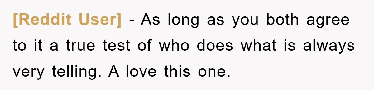 [Reddit User] − As long as you both agree to it a true test of who does what is always very telling. A love this one.