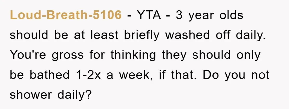 Loud-Breath-5106 − YTA - 3 year olds should be at least briefly washed off daily. You're gross for thinking they should only be bathed 1-2x a week, if that. Do...