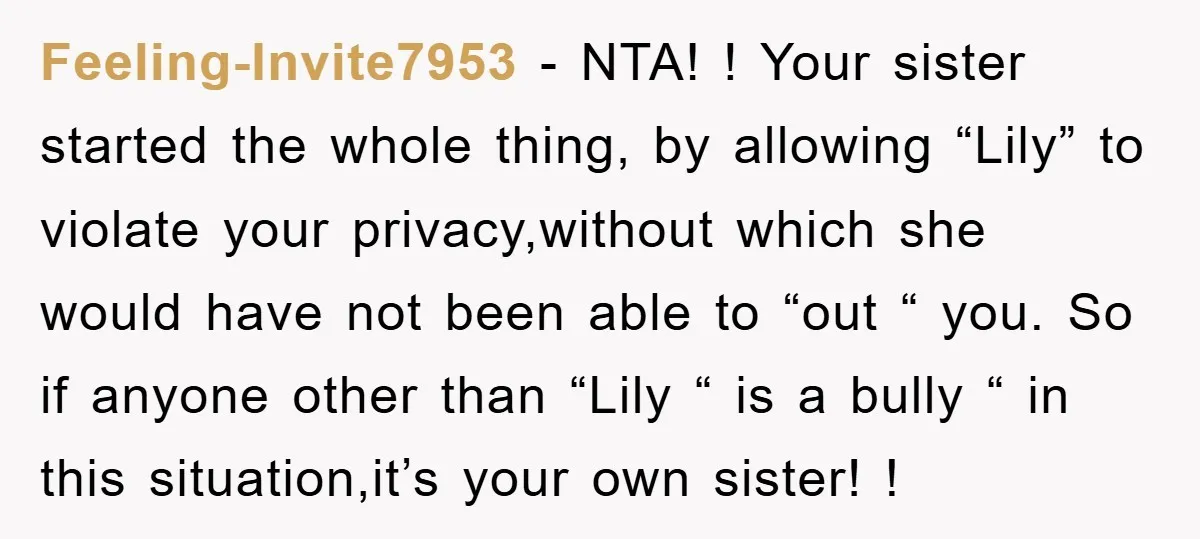 Feeling-Invite7953 − NTA! ! Your sister started the whole thing, by allowing “Lily” to violate your privacy,without which she would have not been able to “out “ you. So if...