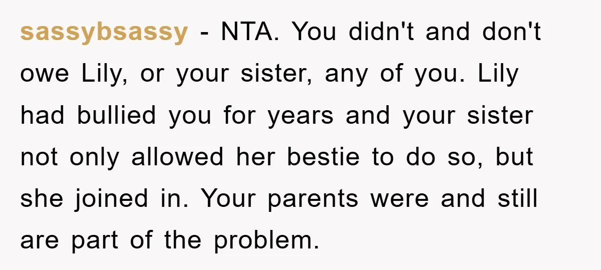 sassybsassy − NTA. You didn't and don't owe Lily, or your sister, any of you. Lily had bullied you for years and your sister not only allowed her bestie to...