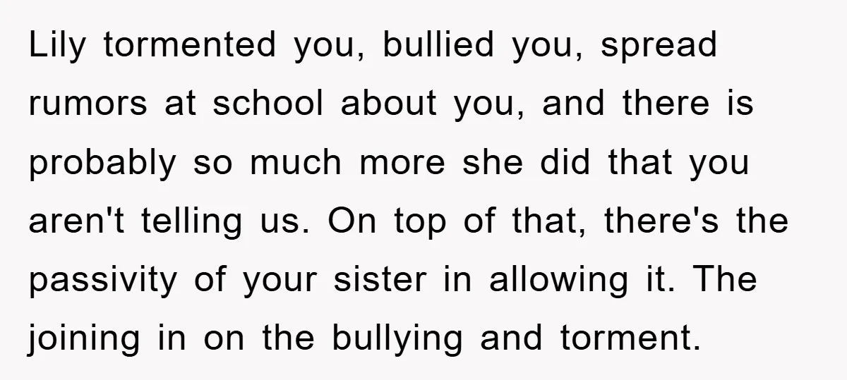 Lily tormented you, bullied you, spread rumors at school about you, and there is probably so much more she did that you aren't telling us. On top of that, there's...
