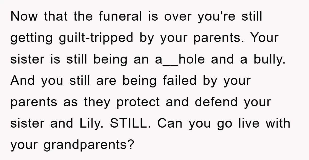 Now that the funeral is over you're still getting guilt-tripped by your parents. Your sister is still being an a__hole and a bully. And you still are being failed by...
