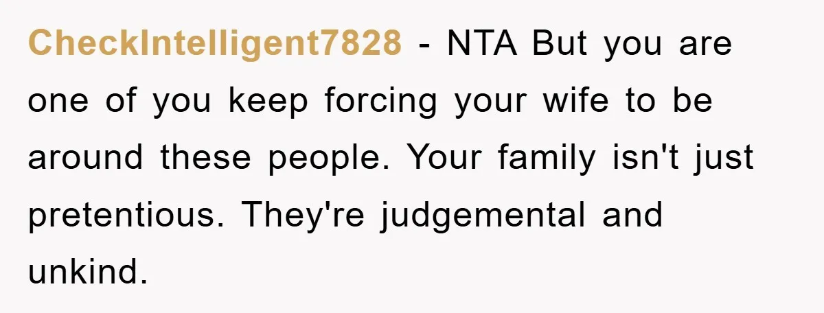CheckIntelligent7828 − NTA But you are one of you keep forcing your wife to be around these people. Your family isn't just pretentious. They're judgemental and unkind.
