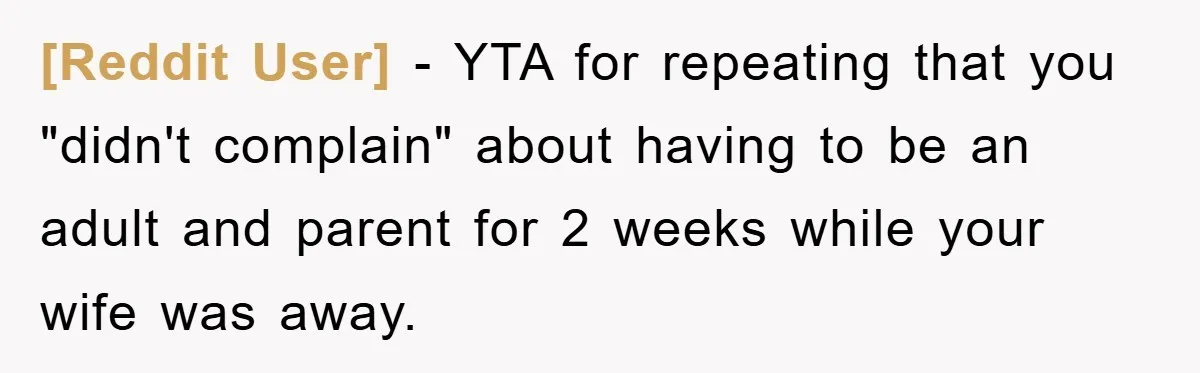 [Reddit User] − YTA for repeating that you "didn't complain" about having to be an adult and parent for 2 weeks while your wife was away.
