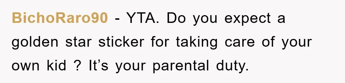 BichoRaro90 − YTA. Do you expect a golden star sticker for taking care of your own kid ? It’s your parental duty.