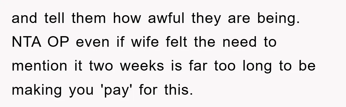 and tell them how awful they are being. NTA OP even if wife felt the need to mention it two weeks is far too long to be making you 'pay'...
