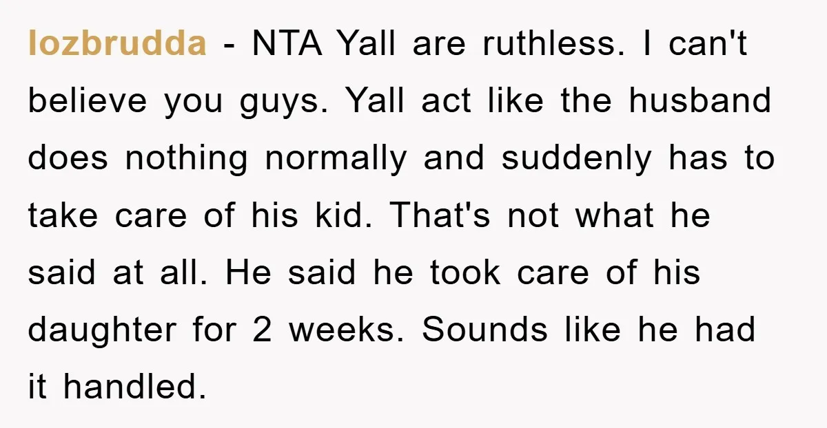 lozbrudda − NTA Yall are ruthless. I can't believe you guys. Yall act like the husband does nothing normally and suddenly has to take care of his kid. That's not...