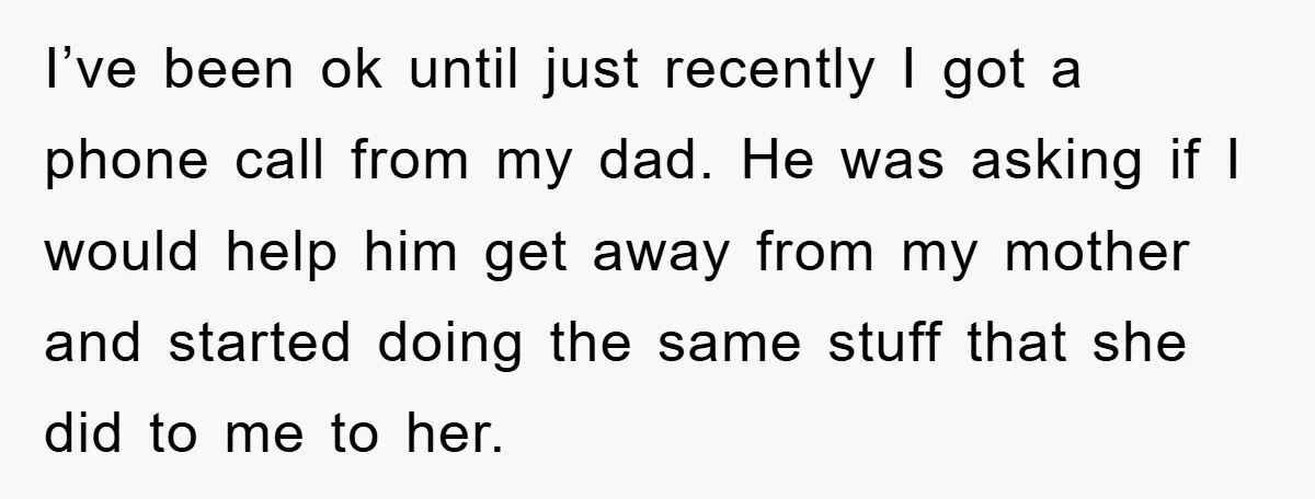 I’ve been ok until just recently I got a phone call from my dad. He was asking if I would help him get away from my mother and started doing...
